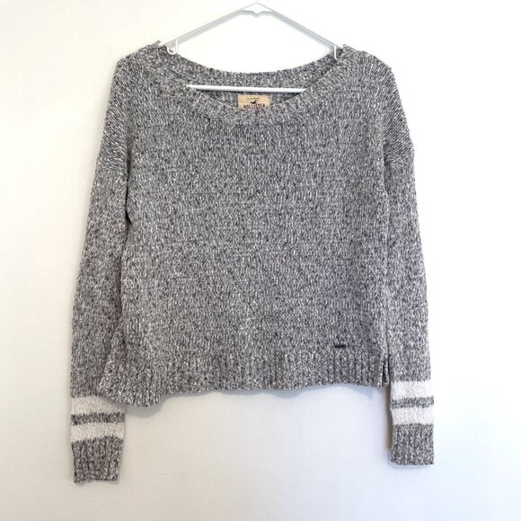 HOLLISTER Gray White Marled Varsity Stripe Cotton Blend Cropped Crop Sweater XS - Picture 1 of 13
